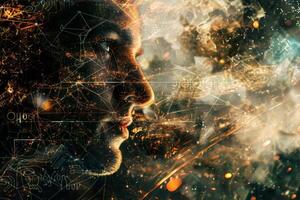 A person appears deep in thought, surrounded by an ethereal blend of cosmic elements, creating a dreamy atmosphere that evokes creativity and exploration of thoughts photo