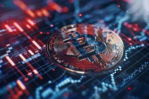 A Bitcoin token rests on a dynamic digital trading chart displaying various financial data. The vibrant colors highlight market trends and cryptocurrency volatility photo
