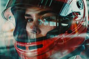 The race car driver embodies focus and determination while wearing a sleek red helmet. Reflections hint at the high-speed action on the racetrack ahead during a critical moment photo