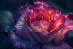 A vibrant rose in captivating shades of purple and pink captures attention with its intricate petals, nestled among lush green leaves in soft morning light photo