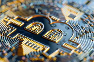 A detailed macro shot of the Bitcoin symbol, showcasing its metallic texture alongside complex circuit patterns, emphasizing the digital finance revolution photo