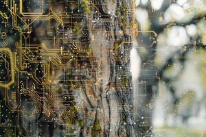 A tree trunk stands prominently as digital circuit patterns blend seamlessly with its bark photo