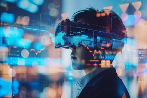 A person wearing a virtual reality headset interacts with digital financial graphs and data against a colorful city backdrop at night photo