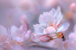 In a tranquil garden, cherry blossoms bloom with soft pink petals, gently swaying in the breeze under a clear sky, signaling the arrival of spring photo
