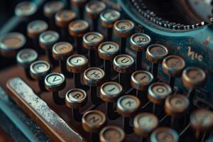 The vintage typewriter features aged keys with faded letters, inviting nostalgia and creativity in a cozy, rustic atmosphere, reflecting timeless writing traditions photo