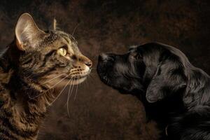 A tabby cat and a black dog come nose to nose, highlighting their playful interaction in a warm and inviting atmosphere, showcasing their unique bond photo