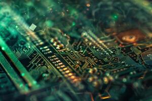 A detailed look at an electronic circuit board reveals a network of connections and patterns illuminated by bright green and gold colors, highlighting technological advancement photo