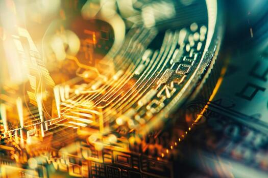 A detailed close-up reveals the texture and design of a Bitcoin paired with glowing digital patterns, set against a blurred background that suggests financial elements photo