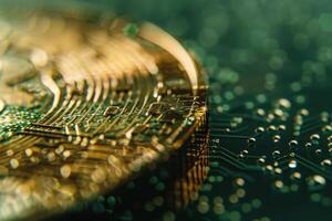 This detailed view showcases a gold bitcoin resting on a green circuit board, symbolizing the growth and evolution of digital currencies in the financial market photo