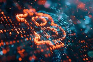 An intricate illustration features glowing orange cryptocurrency symbols against a backdrop of dynamic data patterns, capturing the essence of digital finance photo