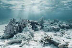 A vibrant underwater scene showcases various coral formations nestled on a sandy seabed, illuminated by rays of sunlight filtering through the water's surface photo
