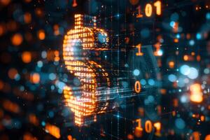 A dynamic visualization of currency, featuring bright digital elements and binary code, emphasizing the intersection of finance and technology photo
