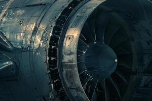 A detailed examination of a powerful jet engine reveals its complex design, reflecting sunlight and emphasizing the engineering marvel at an airport in the afternoon photo