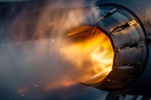Flames and smoke burst from the nozzle of a jet engine as it undergoes a power-up test at an aircraft manufacturing facility, showcasing intense engineering and technology photo