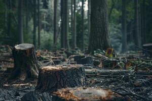 In a tranquil forest, numerous tree stumps lie on the ground amid fallen branches and foliage, revealing the aftermath of logging activities and highlighting nature's resilience photo