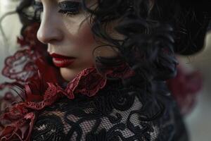 This striking portrait captures a woman with curly hair adorned in delicate black lace with red detailing. Her bold makeup enhances her captivating presence in a softly blurred setting photo