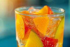 A vibrant glass filled with colorful fruit pieces and sparkling bubbles, perfect for enjoying on a warm summer day, inviting refreshment and joy photo