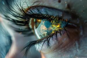 A striking close-up of an eye reveals a colorful cityscape within the pupil, highlighting the intricate details of urban life. The image captures the fusion of human experience and environment photo
