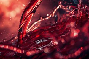 Red liquid cascades and interacts dynamically, creating mesmerizing patterns and reflections. The rich color contrasts beautifully with soft, glowing bokeh highlights photo