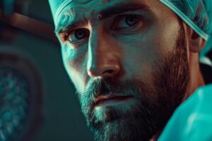 A surgeon with a serious expression prepares for a critical operation, surrounded by advanced medical equipment in a well-lit operating room photo
