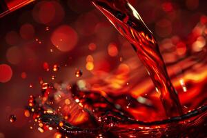 A vivid red liquid flows into a transparent glass, creating dynamic splashes and droplets. The light reflects off the surface, enhancing the vibrant colors and textures photo