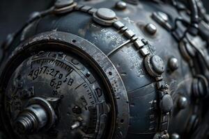 An intricately designed mechanical device with numerous dials and buttons is illuminated in soft, dim lighting, showcasing its vintage craftsmanship and aged materials photo