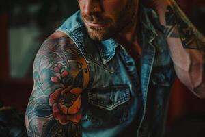 A man with a well-defined physique displays his intricate floral tattoo on his arm. He is dressed in a denim vest, highlighting the vibrant colors of the ink in a cozy, inviting environment photo