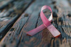 A pink ribbon is elegantly positioned on a rustic wooden surface, representing awareness for breast cancer. The soft color contrasts with the textured wood, creating a poignant visual photo