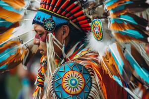 A skilled Native American dancer showcases a vibrant feathered outfit adorned with intricate beadwork, performing during a cultural festival in an outdoor setting photo