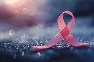 The pink ribbon is elegantly displayed on a glistening surface, catching soft light in a way that evokes themes of awareness, support, and hope for various causes photo