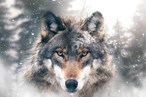 A majestic wolf stands at the forefront, its piercing gaze focused through the falling snow in a serene winter forest landscape, evoking a sense of calm and wilderness photo