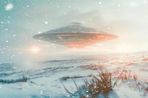 A flying saucer is seen hovering above a snow-covered landscape as twilight sets in. The craft emits a warm glow, illuminating the surrounding icy terrain photo