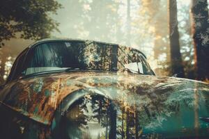 Rust covers the vintage vehicle, which is parked among towering trees in an ethereal forest. Early morning light filters through the fog, creating a haunting atmosphere photo