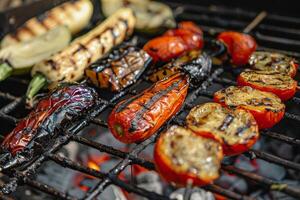 A variety of colorful vegetables, including peppers and tomatoes, are sizzling on a grill, showcasing grill marks and caramelization, perfect for summer meals photo