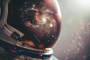 An astronaut observes the vast universe, their helmet reflecting stunning galaxies and cosmic wonders, highlighting the beauty of deep space exploration photo
