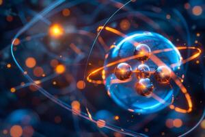 This illustration depicts an atom with orbiting electrons illuminated in blue and orange hues, creating a dynamic visualization of atomic structure photo