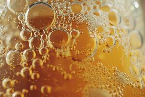 The image captures a close-up view of golden beer with bubbles rising to the surface, showcasing the drink's fizz on a warm evening outdoors photo