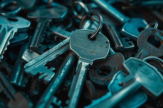 A collection of intricate old keys lies in disarray, highlighting their unique shapes and weathered surfaces, capturing a sense of history and craftsmanship in metalwork photo