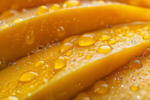 Fresh mango slices display a vibrant yellow color, glistening with droplets of water under soft natural light. The smooth texture enhances their freshness and appeal photo