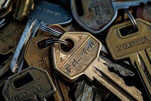 Multiple aged keys are clustered together, showcasing different shapes and sizes, with a patina of wear that hints at their unique stories and previous locks photo