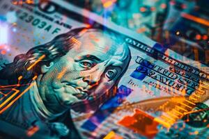A close-up of a hundred-dollar bill featuring Benjamin Franklin, enhanced with digital elements representing market trends and financial analysis photo