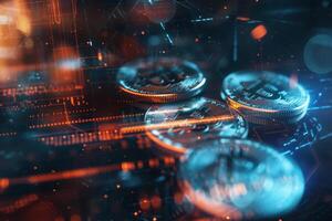 Cryptocurrency coins lie prominently on a vibrant digital backdrop showcasing glowing circuits and data flows, representing modern finance and technology photo