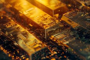 A detailed examination of shimmering gold circuit boards highlights the complexity of modern technology, emphasizing the intricate electronic designs that power devices photo
