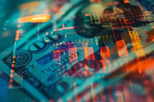 A close-up view showcases intricate designs of dollar bills intertwined with vibrant digital elements, symbolizing the fusion of currency and technology photo