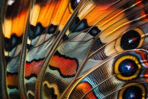 Vibrant butterfly wings display a captivating array of colors and patterns. The close-up captures the delicate textures and intricate details under bright sunlight photo