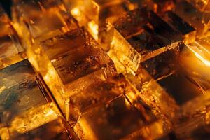 Brilliant crystal cubes in deep amber hues catch and reflect warm light, creating a captivating abstract visual arrangement on a serene evening photo