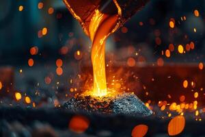 Molten metal flows from a ladle into a mold, casting bright orange light and sparks in an industrial foundry, highlighting the intense heat and craftsmanship involved photo