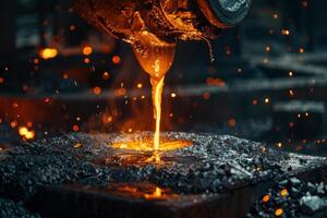 Bright molten metal flows from a furnace into a mold, illuminating the foundry environment with glowing embers and sparks in the evening light photo