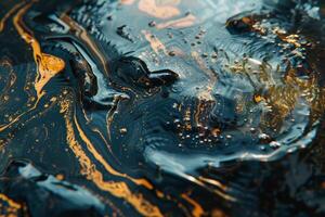 The composition features intricate patterns formed by oil on water, showcasing rich gold and deep blue hues that flow elegantly together, creating a striking visual effect photo