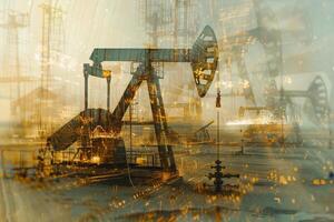Grinding against the twilight, oil pumps extract vital resources from the earth, highlighting the intersection of industry and natural energy sources at sundown photo